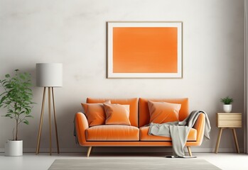 Creative composition of modern stylish living room with orange sofa and pillows, beige commode, and lamp against a plain wall with painting mockup.