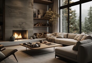 Cozy living room with fireplace and gray white sofa with terra cotta pillows against a big window. Modern coffee table in a modern living room.