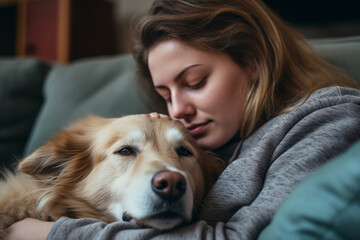 Young woman snuggling and hugging his dog at home. Gold retriever and his owner spending cozy evening together. Friendship, pet love concept