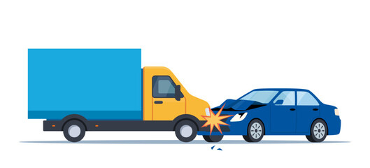 Fototapeta premium Car accident. Damaged transport on the road. Collision of lorry and car, side view. Damaged transport. Collision on road, safety of driving personal vehicles, car insurance. Vector illustration.