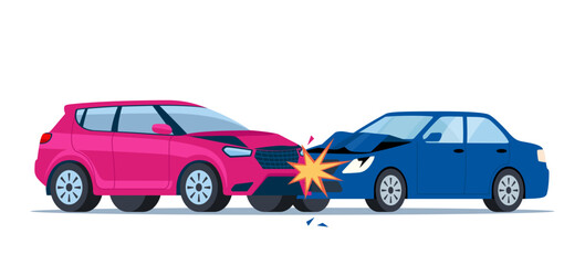 Car accident. Damaged transport on the road. Collision of two cars, side view. Damaged transport. Collision on road, safety of driving personal vehicles, car insurance. Vector illustration.