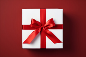 White gift box or top view of white present box tied with red ribbon bow on dark red background generated AI