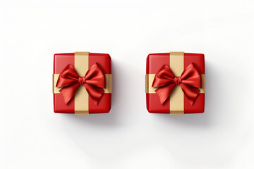 Decorative red gift boxes with bow on white background. Top view. Generated AI