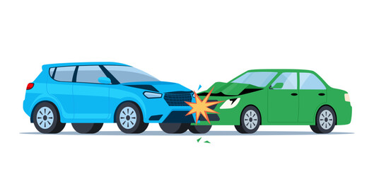 Car accident. Damaged transport on the road. Collision of two cars, side view. Damaged transport. Collision on road, safety of driving personal vehicles, car insurance. Vector illustration.
