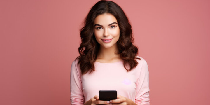 Portrait of a beautiful, young brunette woman holding a phone. Isolated on solid pink background. Banner, copy space.