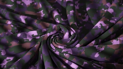 A fabric spiral with a pink camouflage pattern twists into a dynamic and textured 3D illustration