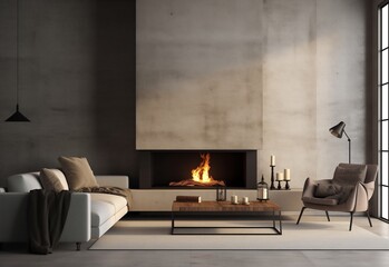 White sofa and grey armchair sofa in a cozy modern living room with fireplace for winters.