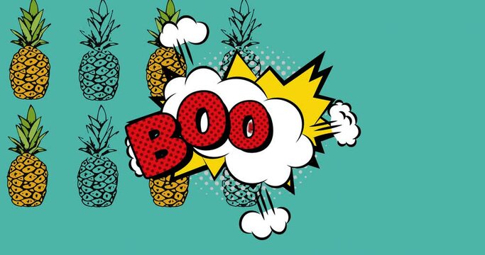 Animation of boom text in red on explosion cloud over pineapples on blue background