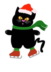 cat with Christmas hat and skates