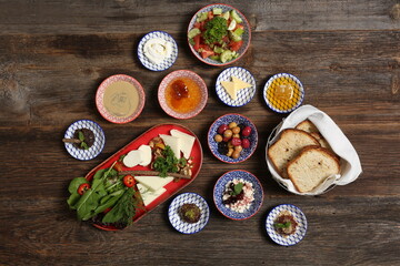 Breakfast with toast, tea and orange juice