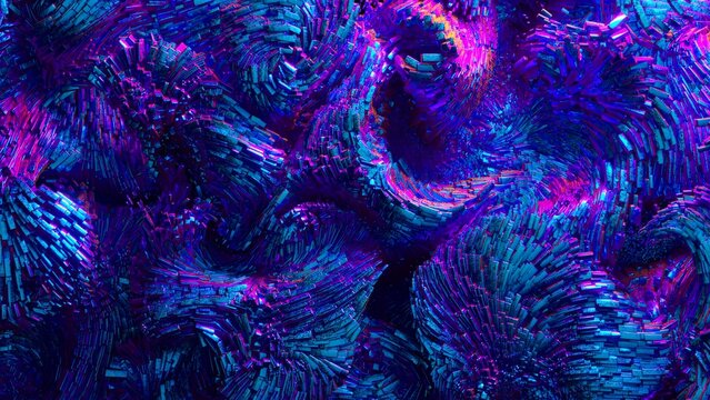 3d render of abstract art video animation 3d background with surreal motion moving festive wavy party balls sphere particles liquid substance in blue purple gradient color