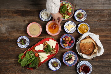 Breakfast with toast, tea and orange juice