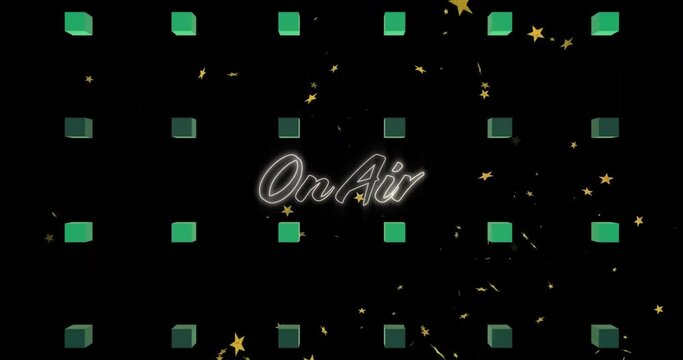 Animation of on air text in white neon with green squares over yellow stars on black