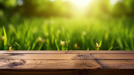 Beautiful blurred natural background with floor of dark brown wooden planks and young green juicy grass in sun with bokeh effect. Copy space.