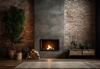 Concrete wall with fireplace and hall brick wall. Wooden logs near fireplace to put them in fire. Cozy home interior of modern living room with fireplace. - Powered by Adobe