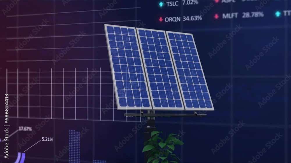 Poster animation of solar panels over charts and financial data processing on black background