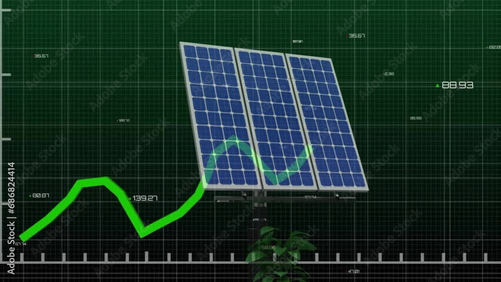 Poster animation of solar panels over green graph and data processing on black background