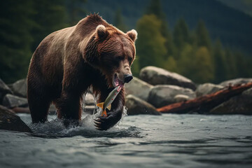A brown bear gets its lunch on a mountain river.