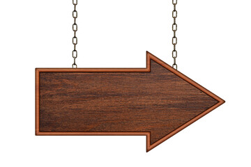 Blank plywood sign for a shooter hangs on iron chains. Arrow sign. Signboard isolated on white