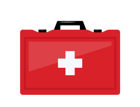 Red medical first aid kit, ambulance emergency box. Vector illustration.