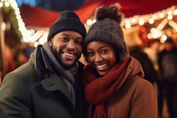 Happy black couple woman and man smiling, walk outside. Christmas holiday weekend. Decorated city...