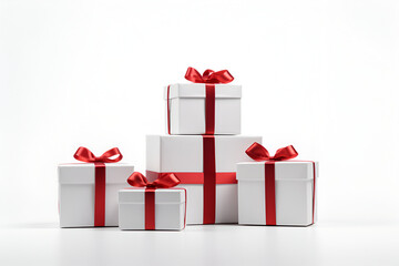 Obraz premium White gifts with red ribbons on white background. Generated AI