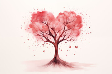 A heart-shaped tree with roots, symbolizing deep love, in watercolor, postcard, Valentine’s Day, watercolor style, with copy space