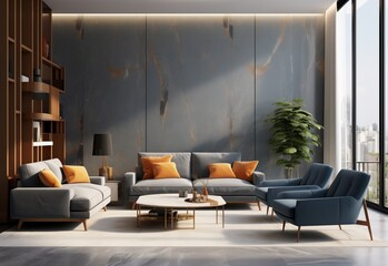 Cozy bluish grey sofa with orange pillows. Warm and inviting environment of living room. Scandinavian modern home interior desing of a living room. - obrazy, fototapety, plakaty