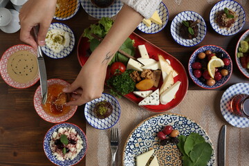 Breakfast with toast, tea and orange juice