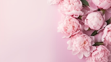 A composition of light pink peonies on a blush pink surface, offering a romantic vibe, Valentine’s Day, delicate flowers, top view, with copy space