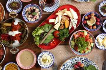 Breakfast with toast, tea and orange juice