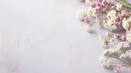 A minimalist arrangement of baby's breath flowers spread across a pale gray background, Valentine’s Day, delicate flowers, top view, with copy space