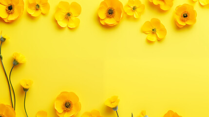 A pattern of bright yellow buttercups arranged on a sunny yellow background, Valentine’s Day,...