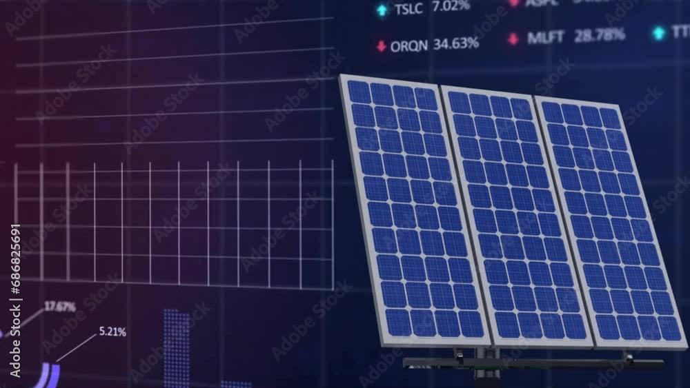 Poster animation of solar panels over charts and financial data processing on black background