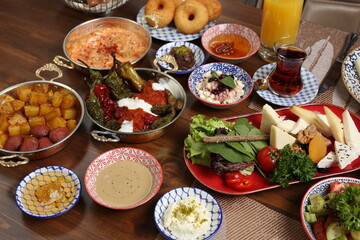 Breakfast with toast, tea and orange juice