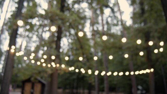 Blurred video of the garland of light bulbs. Festive decoration for the holiday. Interior. Outdoor party area. Wedding, Christmas, New Year, party. Decorative illumination. 