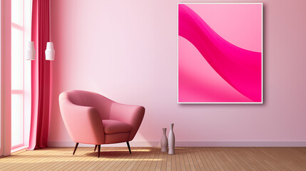 Living room with pink armchair and picture frame

