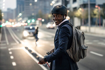 Portrait of smiling businessman with push scooter on bicycle lane in the evening