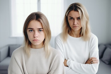 Close up sad girl in front and woman behind avoid to talk after quarrel at home, offended teen daughter and middle aged mother argument, teenage problems, two generation conflict concept