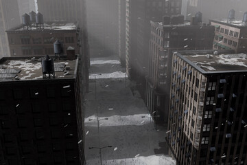 3D rendering of snow covered city with skycrapers