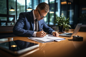 Obraz premium Portrait of a successful mature male businessman sitting at his workplace in the office and working with documents.