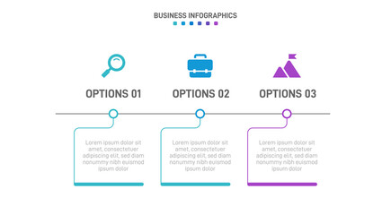 Timeline infographic with infochart. Modern presentation template with 3 spets for business process. Website template on white background for concept modern design. Horizontal layout.