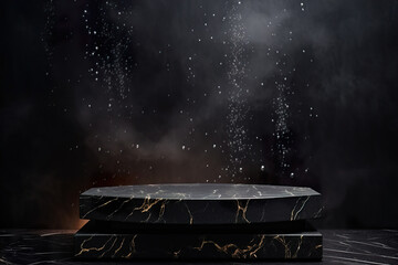 Black marble podium with water splashes. Mock up for product presentation. Pedestal or platform for beauty products. Empty scene. Stage, display, showcase. Podium with copy space.