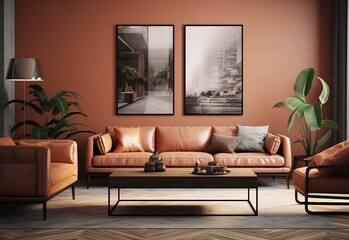 Pure leather made brown color sofa with sofa chairs. Two portrait pictures to show art. Rectangular table and plants. Cozy home interior design of living room.