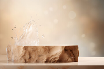 Beige podium with water splashes. Mock up for product, cosmetic presentation. Pedestal or platform for beauty products. Empty scene. Stage, display, showcase. Podium with copy space.