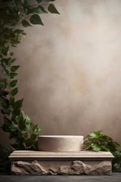 Serene product display background with beige stone podium and copy space, surrounded by green foliage, casting natural and tranquil vibe suitable for eco-friendly product presentations.