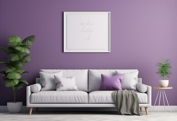 Scandinavian home interior design purple and white color combination.