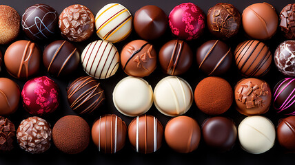 Assorted chocolates, luxury chocolate bonbons, close up. Food Background. Top view. - obrazy, fototapety, plakaty