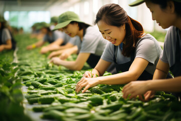 Obraz premium Asian women sort the cucumber harvest.
