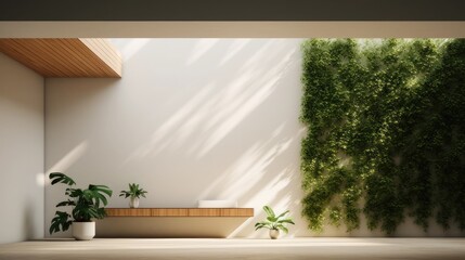 interior in a minimalist style with wooden ceilings and walls, tall and green plants and the soft glow of light bulbs.